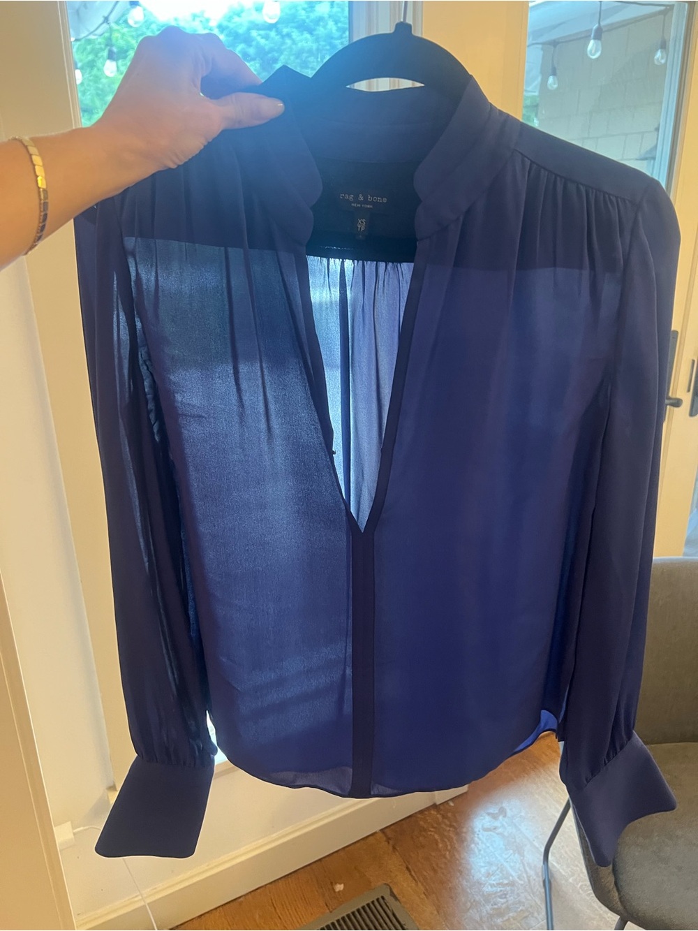 rag & bone Sheer Navy V-Neck Long-Sleeve Blouse